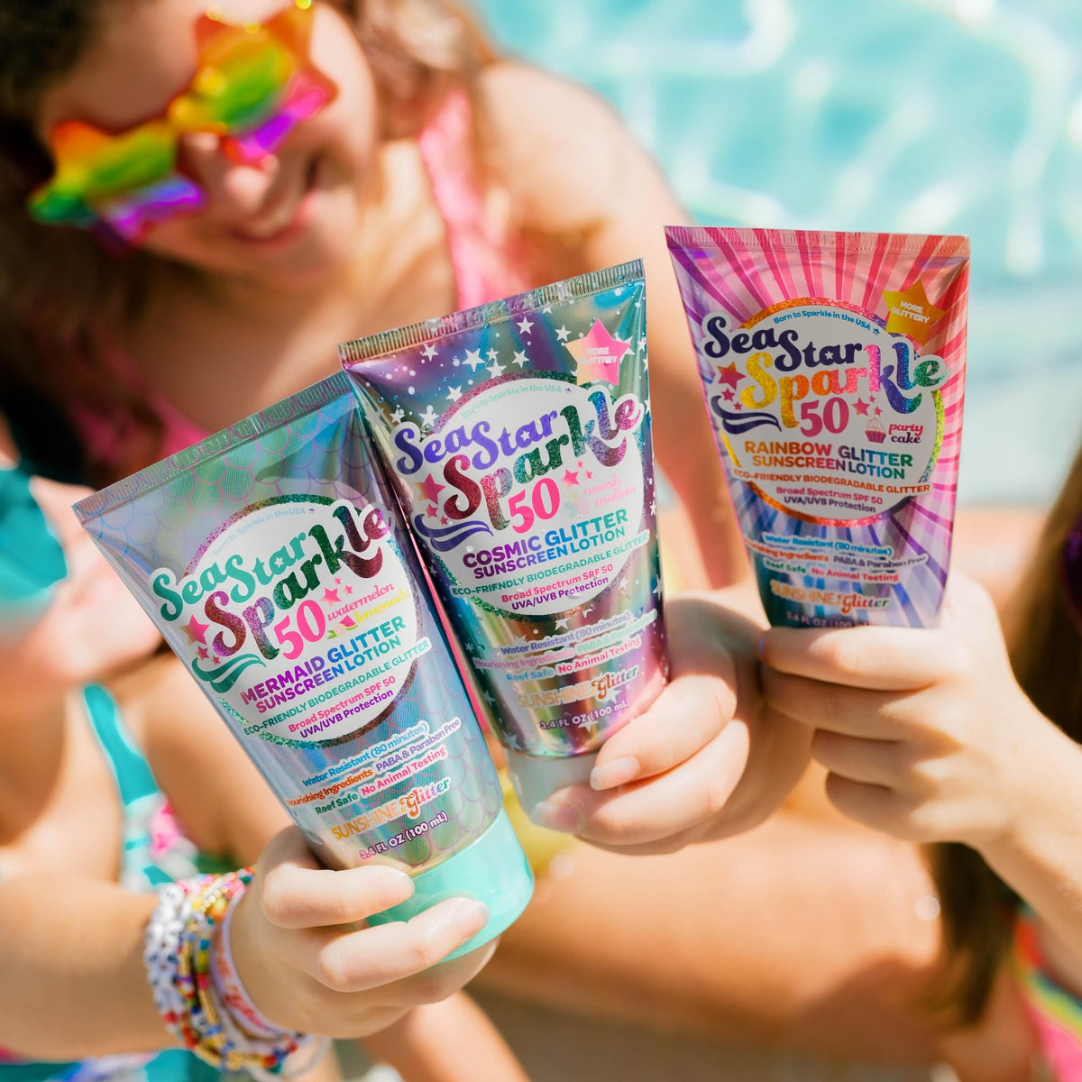 Sunshine & Glitter bottle poolside with towel showing festival and pool-ready protection