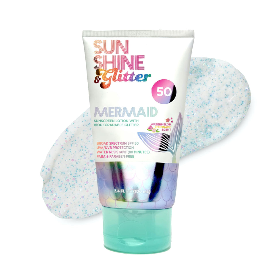 Sunshine & Glitter front tube showing SPF 50 and mermaid design, playful protection