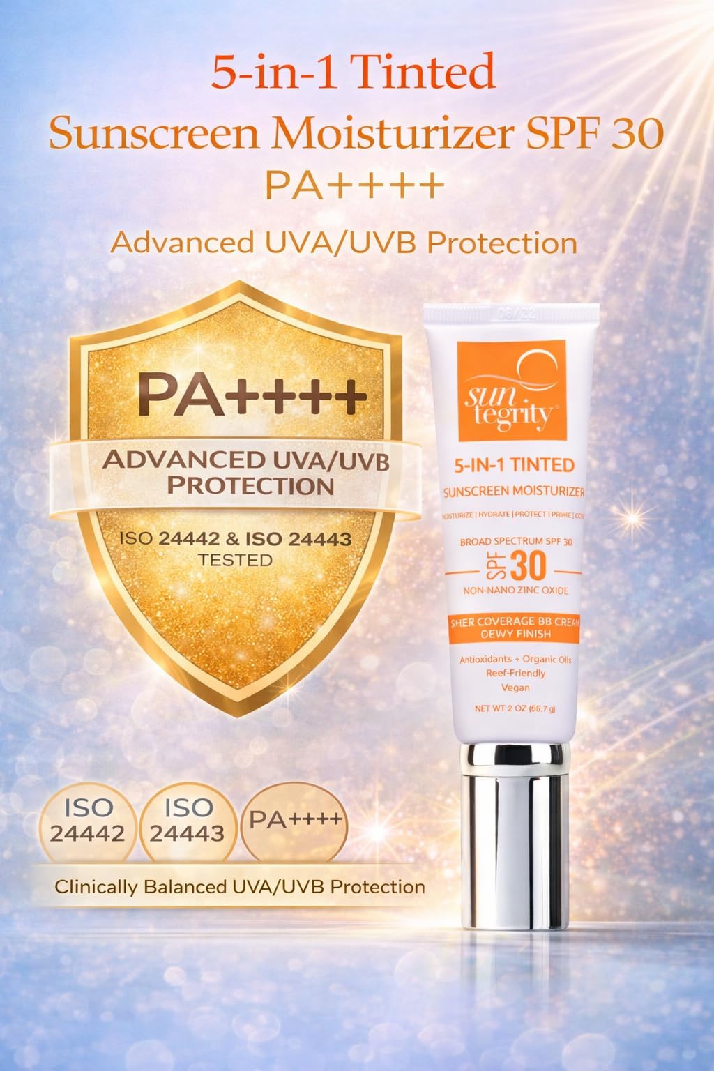 Suntegrity dispensed product on fingertip revealing light tint and blendability