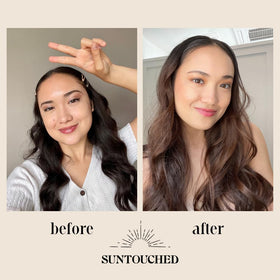 Suntouched before and after on brunette hair showing gradual sunkissed highlights result