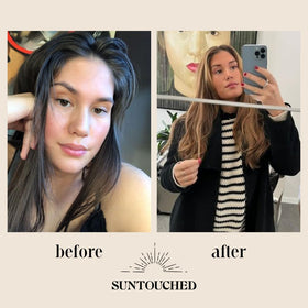 Suntouched bottle tucked in beach bag for lifestyle use and on-the-go touch-ups benefit