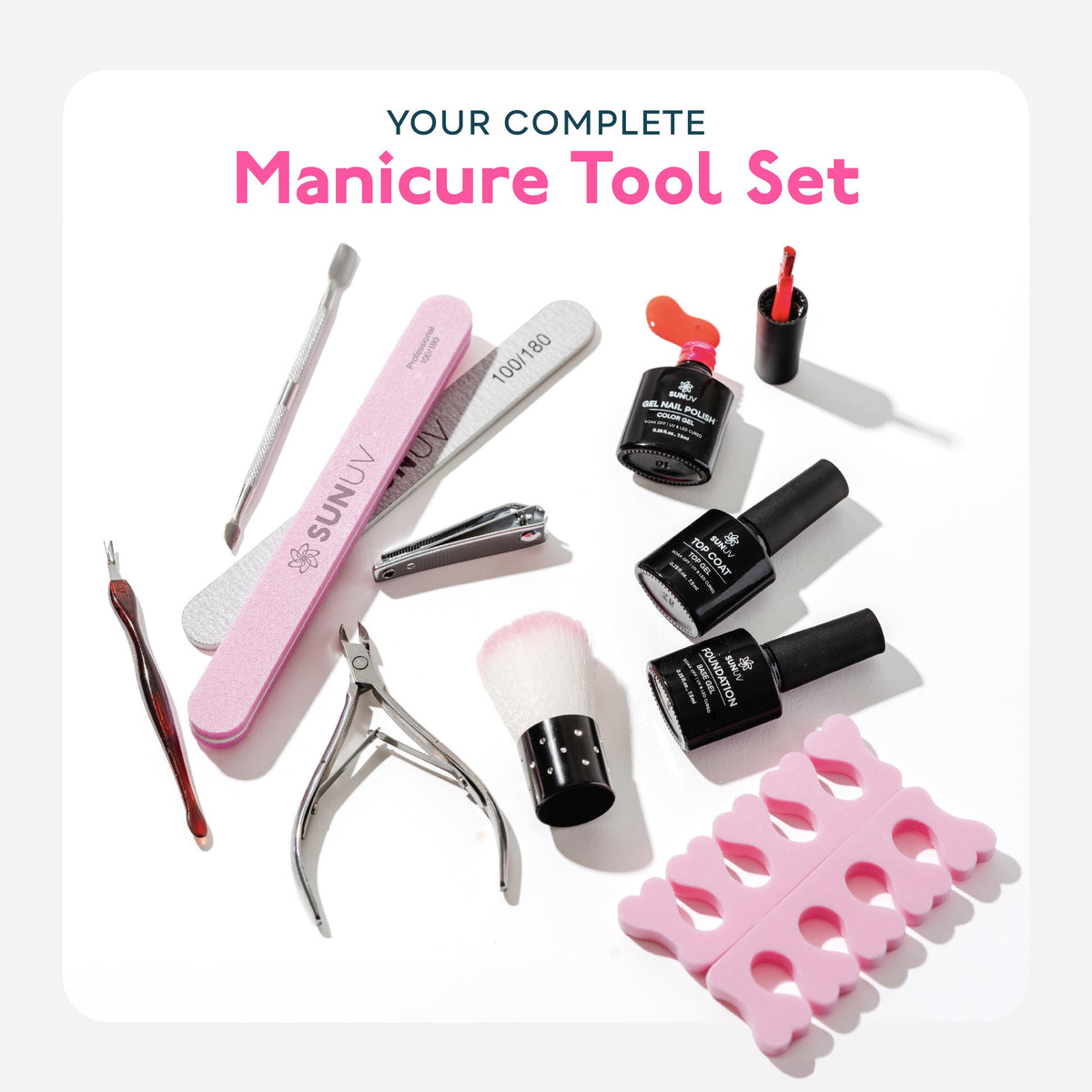 SUNUV manicure tools laid out for precise nail prep and shaping
