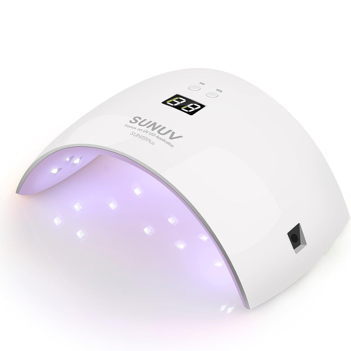 SUNUV SUN9X Plus front view in pink showing compact curing area and benefits