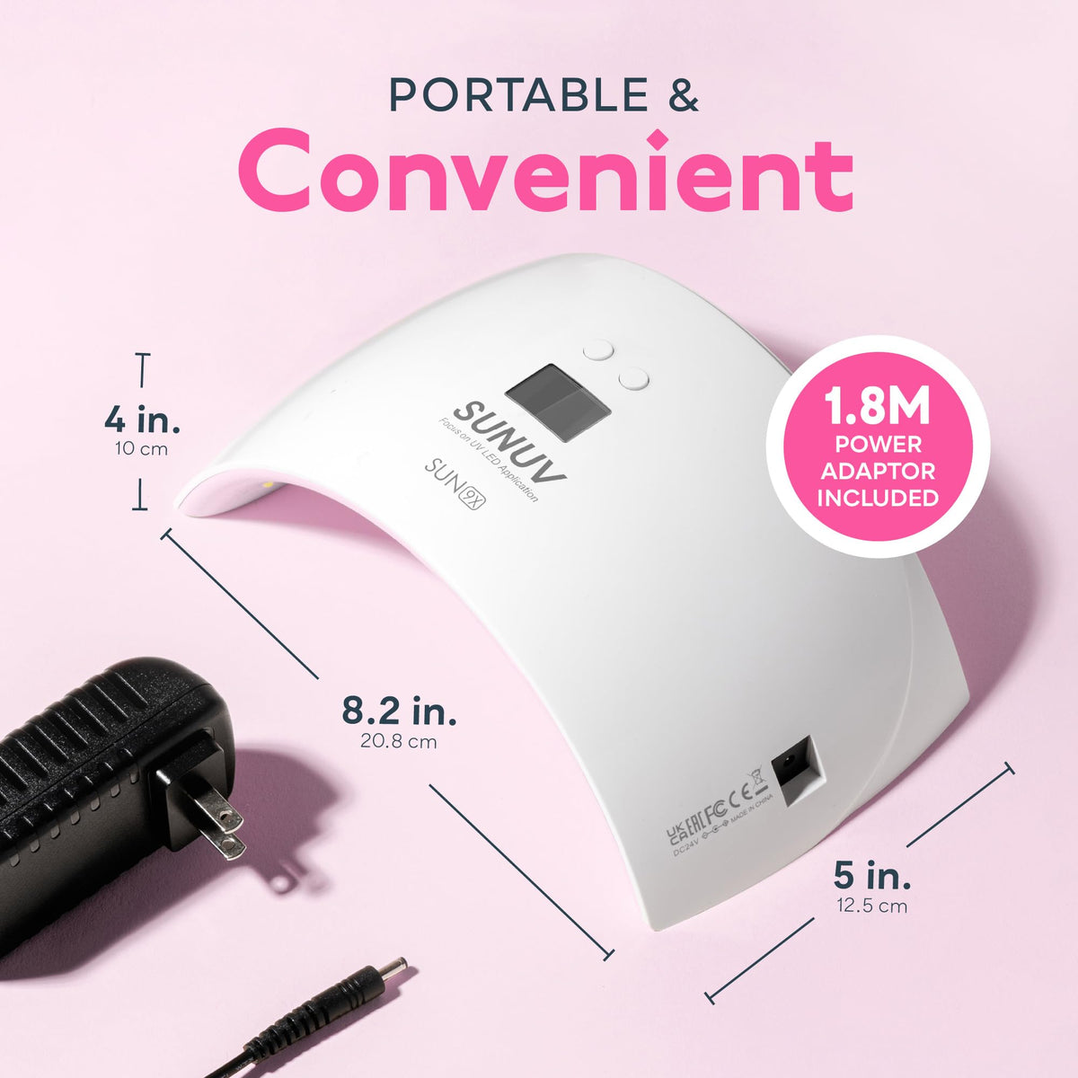 SUNUV SUN9X Plus next to a hand for scale, demonstrating compact portability benefit