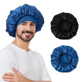 Supaze bonnet front view showing black and blue pair, protects hair overnight