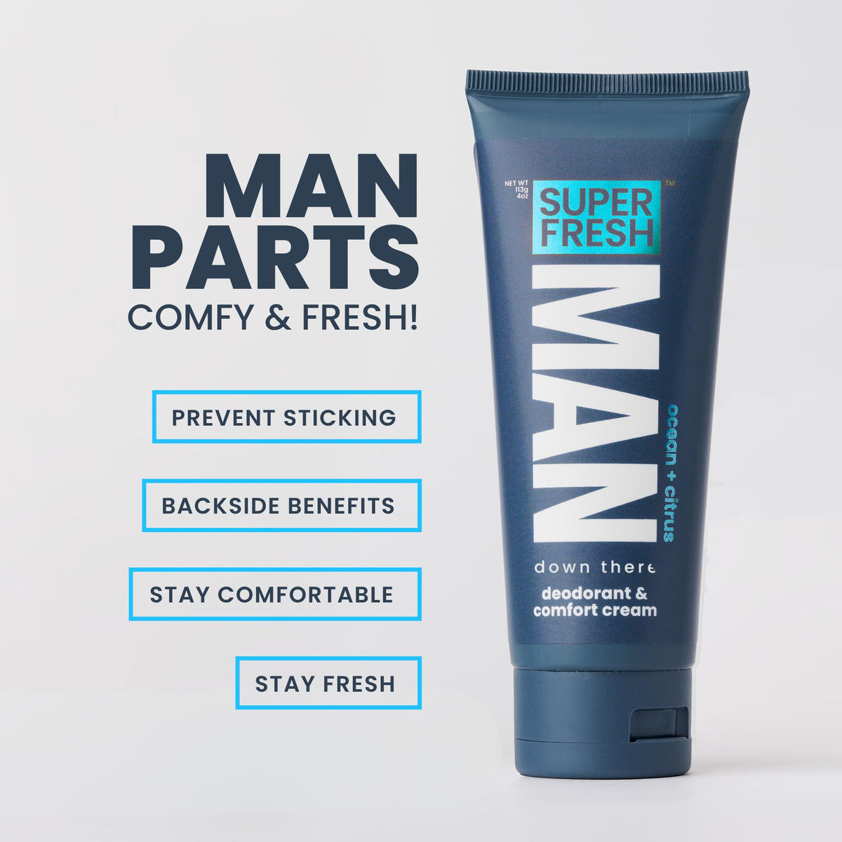 Super & Fresh Co. application demo on inner thigh reducing friction and discomfort