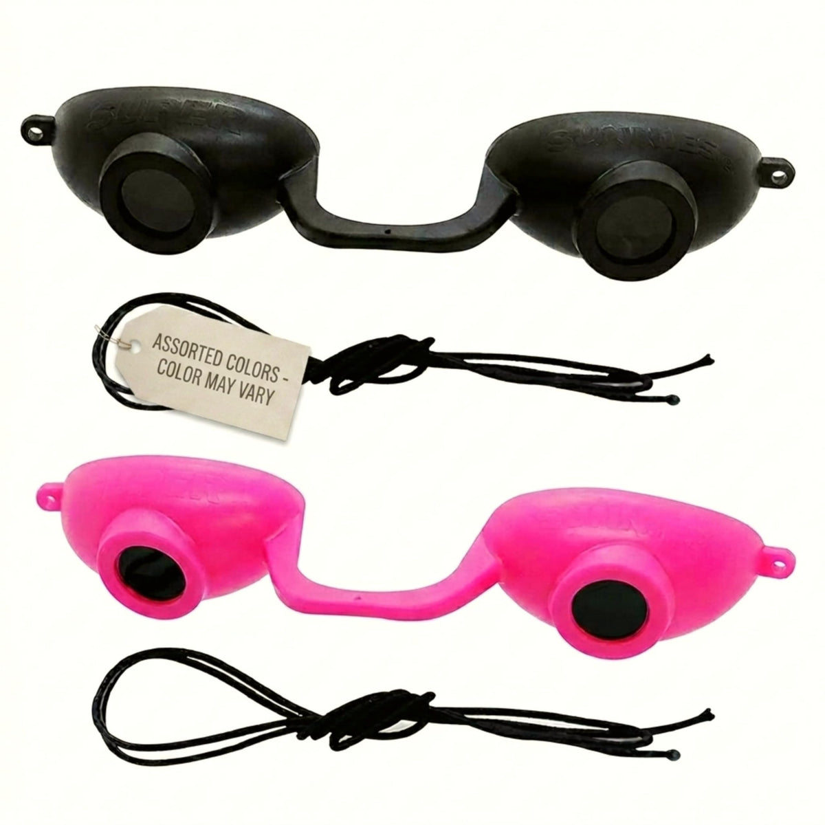 Super Sunnies front packaging showing two goggles and benefits