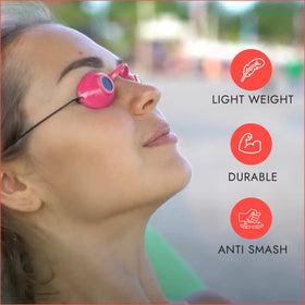 Super Sunnies in use inside tanning bed demonstrating practical eye protection