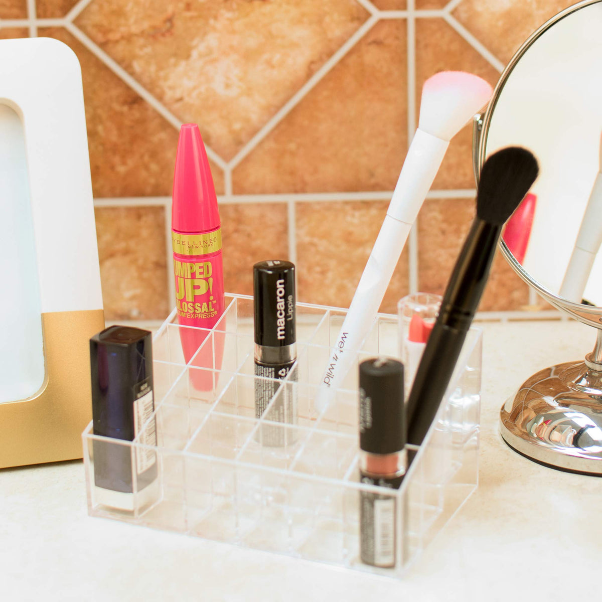 Super Z Outlet on vanity with lipsticks visible for efficient morning routine