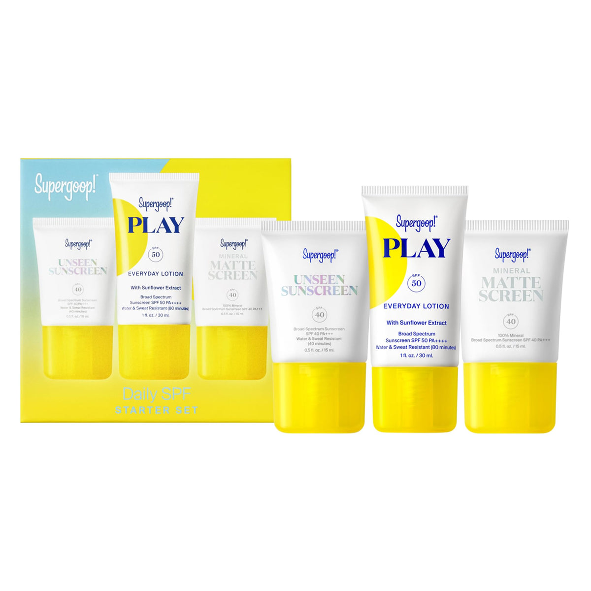 Supergoop! starter kit front view showing three travel sunscreens, easy trial and travel protection
