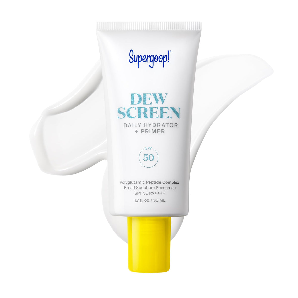 Supergoop! front packaging showing SPF 50 and dewy finish benefit