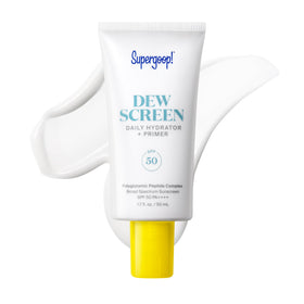 Supergoop! front packaging showing SPF 50 and dewy finish benefit