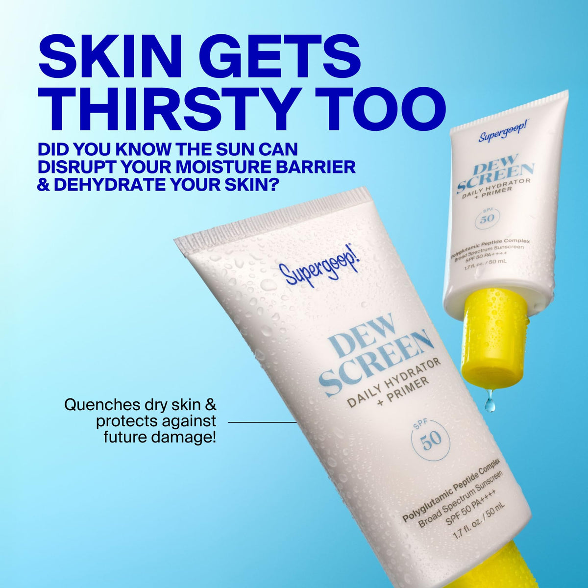 Supergoop! bottle next to everyday items to show compact travel size benefit