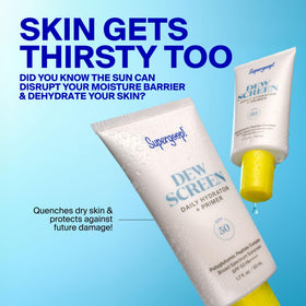 Supergoop! bottle next to everyday items to show compact travel size benefit