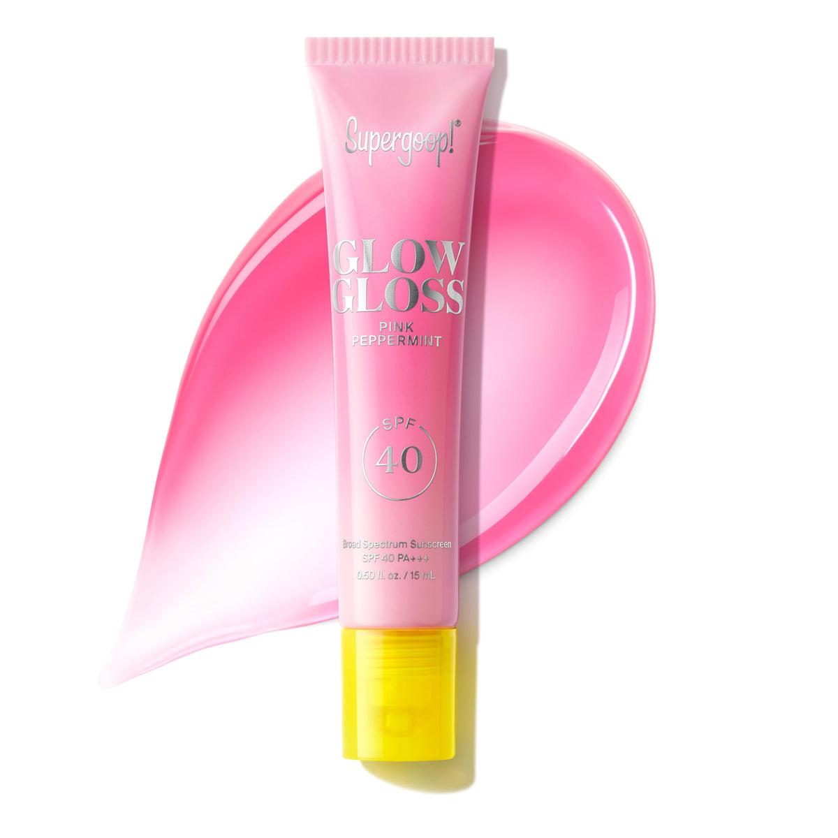 Supergoop! front tube showing glossy pink lip balm and SPF 40 protection