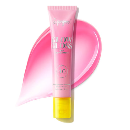 Supergoop! front tube showing glossy pink lip balm and SPF 40 protection