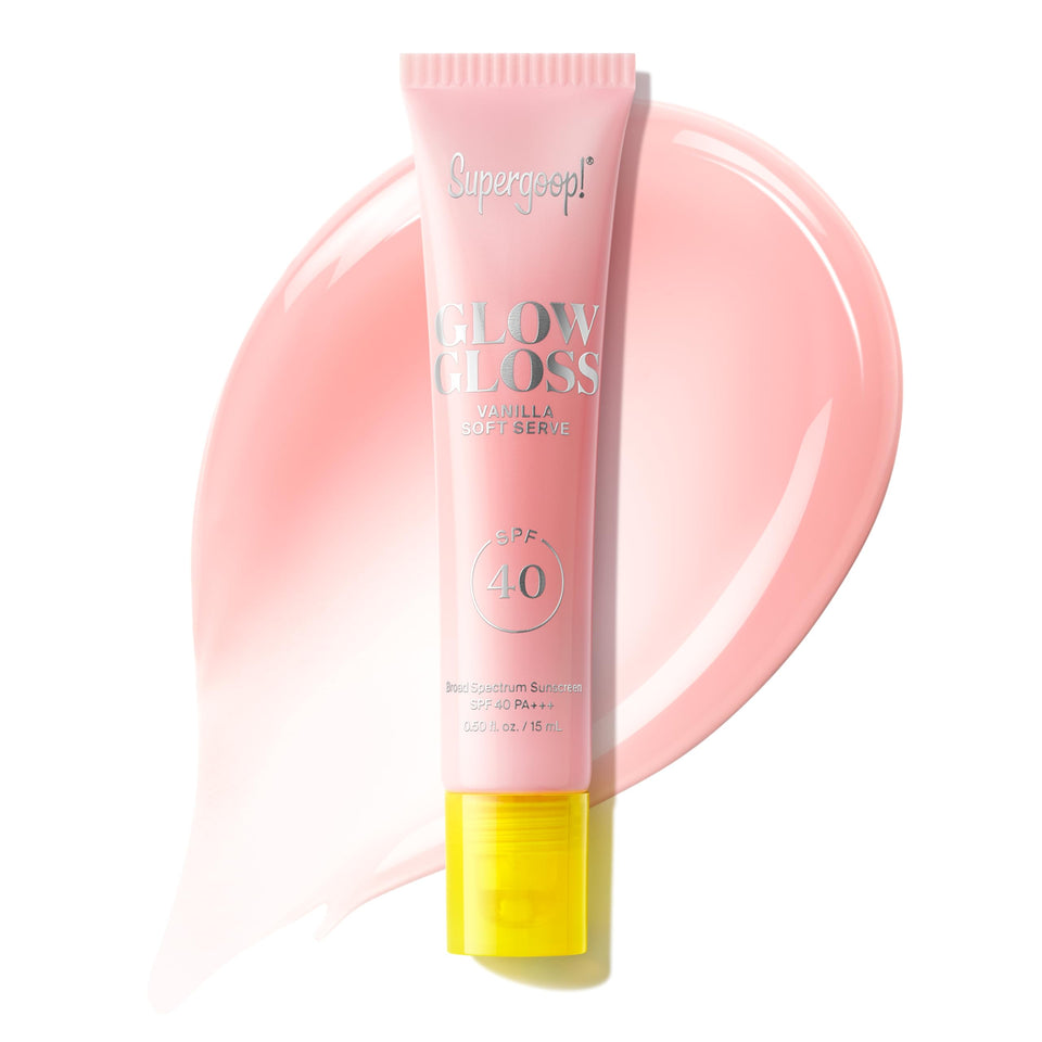 Supergoop! front view of Glow Gloss tube showing glossy finish and benefits