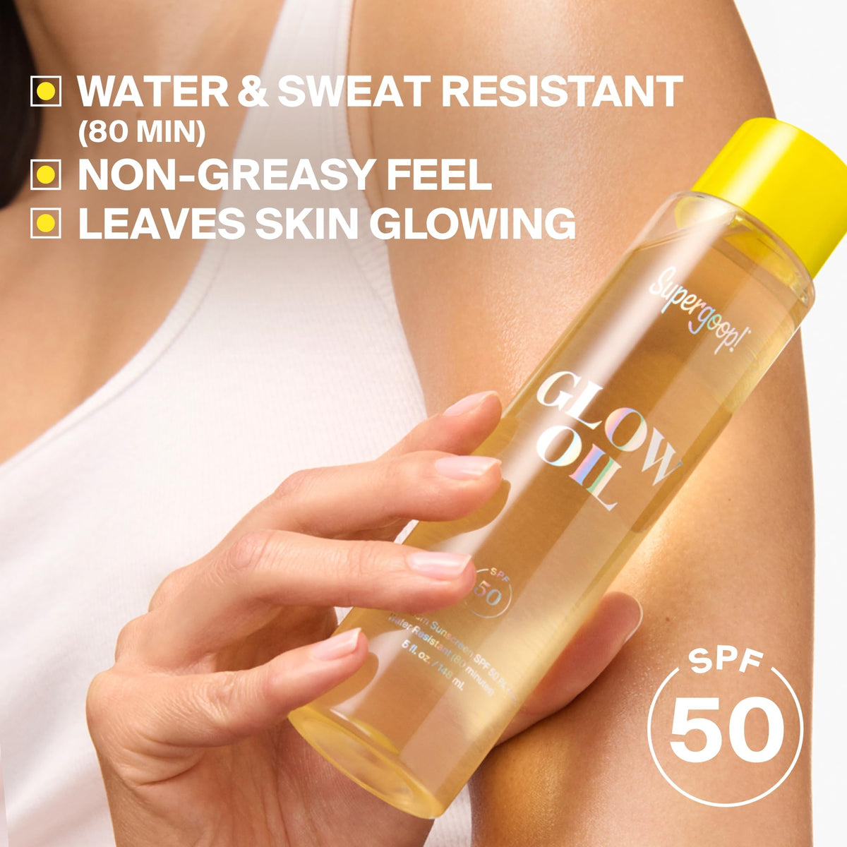 Supergoop! texture droplet highlighting lightweight oil finish and fast absorption