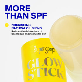 Supergoop! glow stick used on shoulder at beach for UV protection benefit