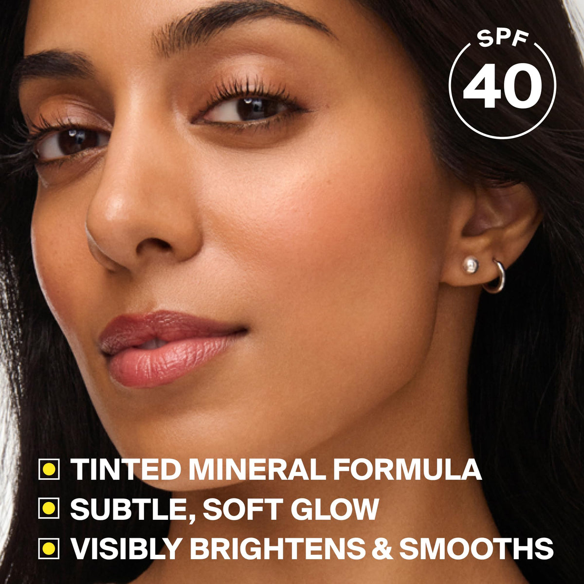 Supergoop! before and after on model demonstrating illuminated, evened skin benefit