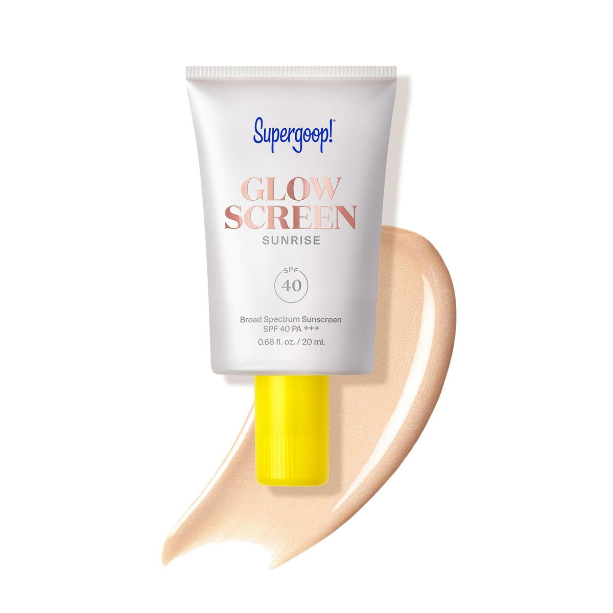 Supergoop! tube front view showing Sunrise tint and SPF 40 protection