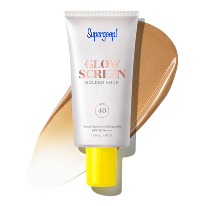 Supergoop! front tube of Glowscreen Golden Hour showing SPF 40 and bronze tint benefit