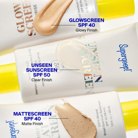 Supergoop! tube on bathroom counter beside skincare items showing daily routine ease