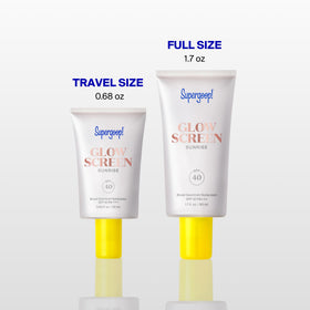 Supergoop! model outdoors wearing Sunrise glow showing natural luminous finish