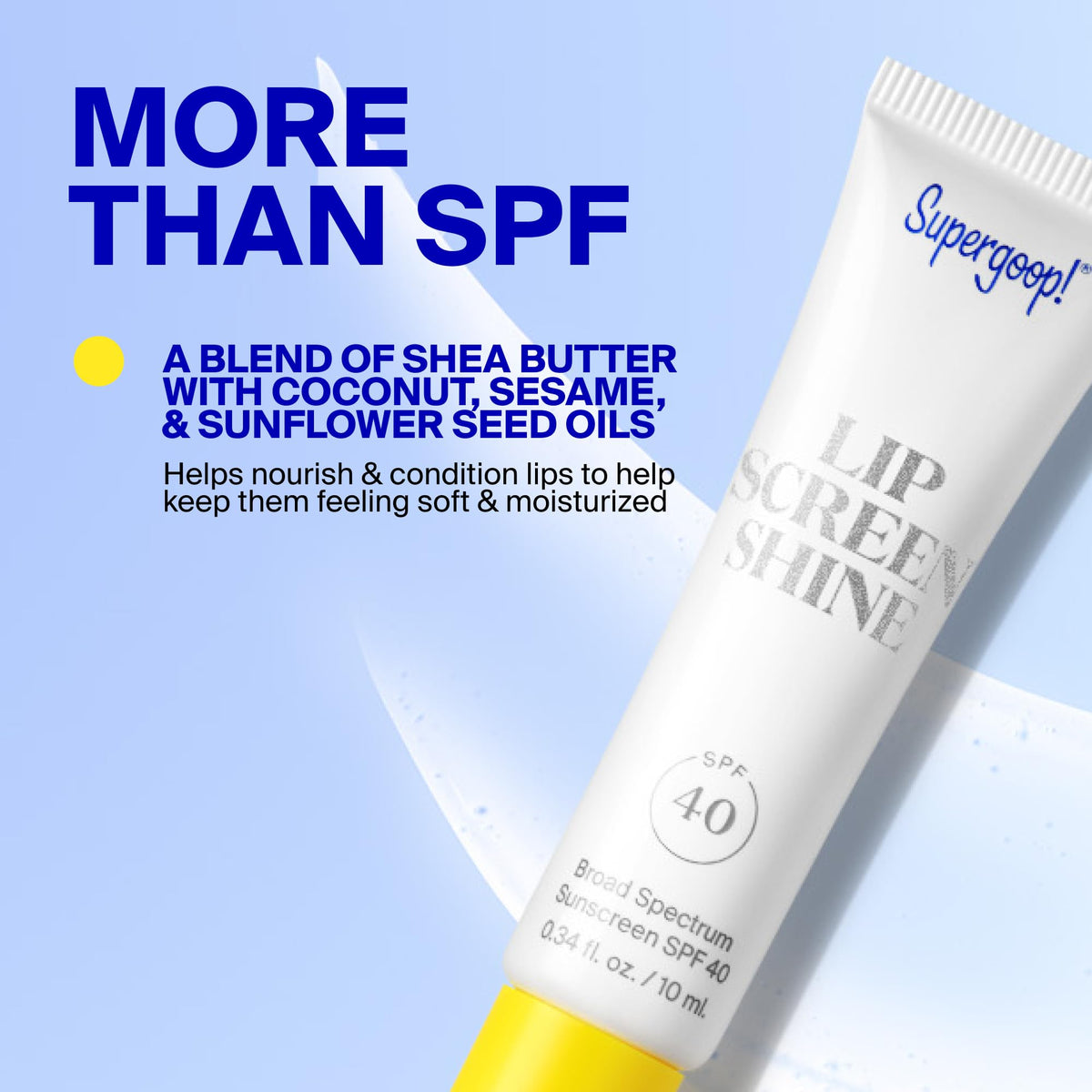 Supergoop! on lips lifestyle shot illustrating glossy shine and protection