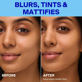 Supergoop! applying Mattescreen on cheek to show matte, pore-minimizing finish