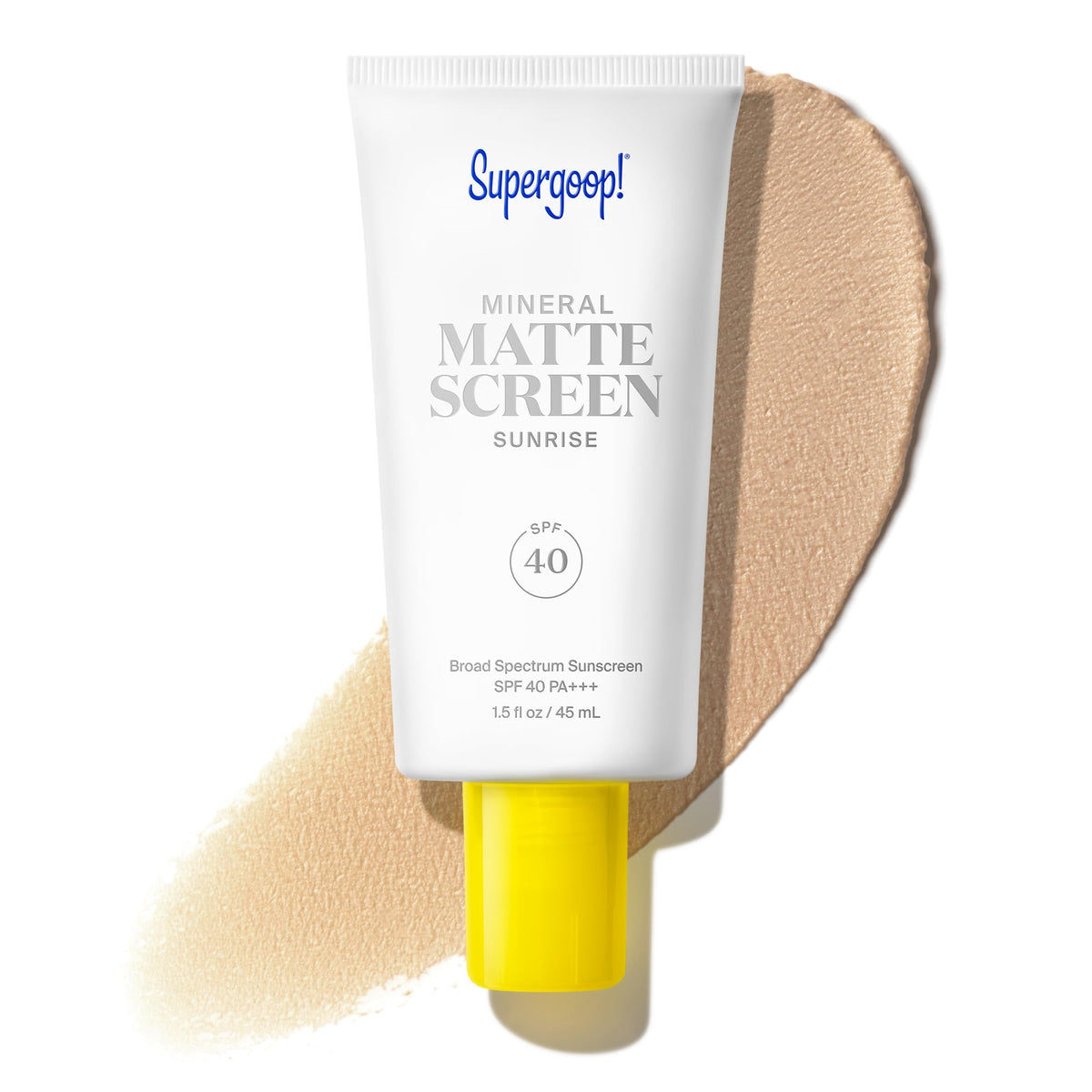 Supergoop! tube front view showing SPF 40 and matte finish benefit