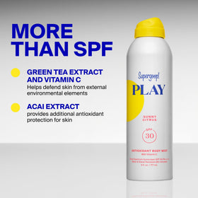 6 fl oz Supergoop! PLAY beside sunglasses to show travel-friendly size