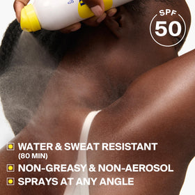 Supergoop! label close-up highlighting SPF 50 and antioxidant ingredients
