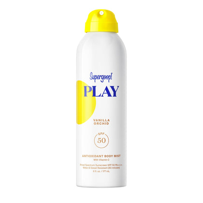 Supergoop! bottle front packaging showing vanilla orchid scent and SPF 50 protection