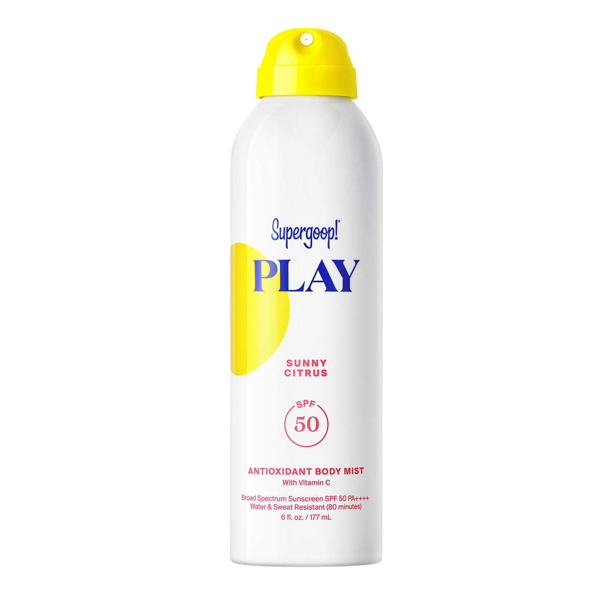 Supergoop! front packaging showing SPF 50 and citrus scent for clear protection