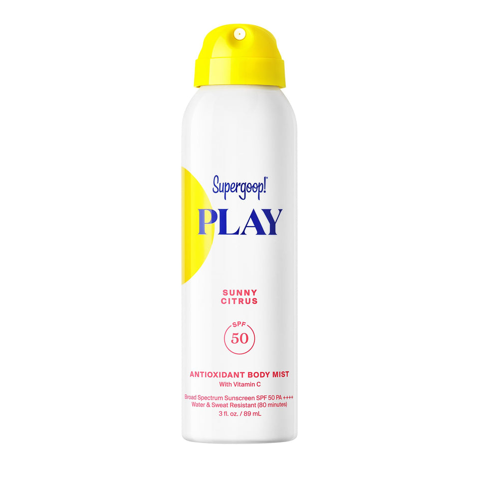 Supergoop! front packaging of PLAY Antioxidant Body Mist showing SPF 50 benefit