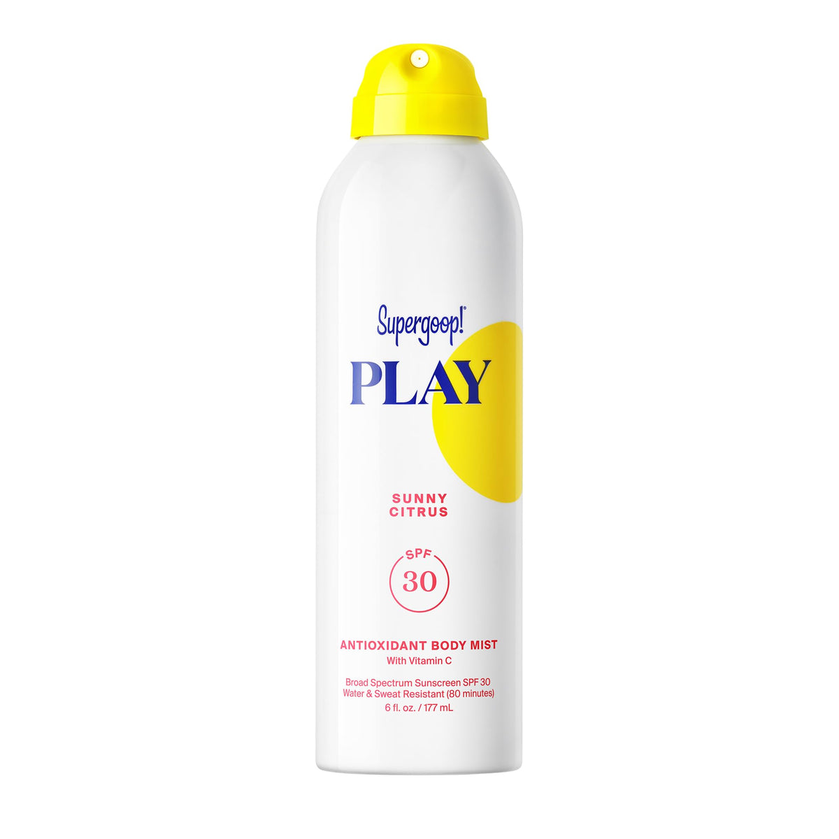 Supergoop! PLAY body mist bottle front view showing clear label and citrus scent benefit