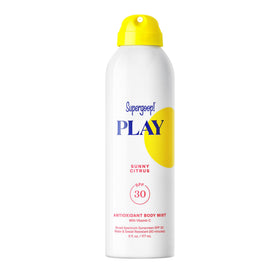 Supergoop! PLAY body mist bottle front view showing clear label and citrus scent benefit