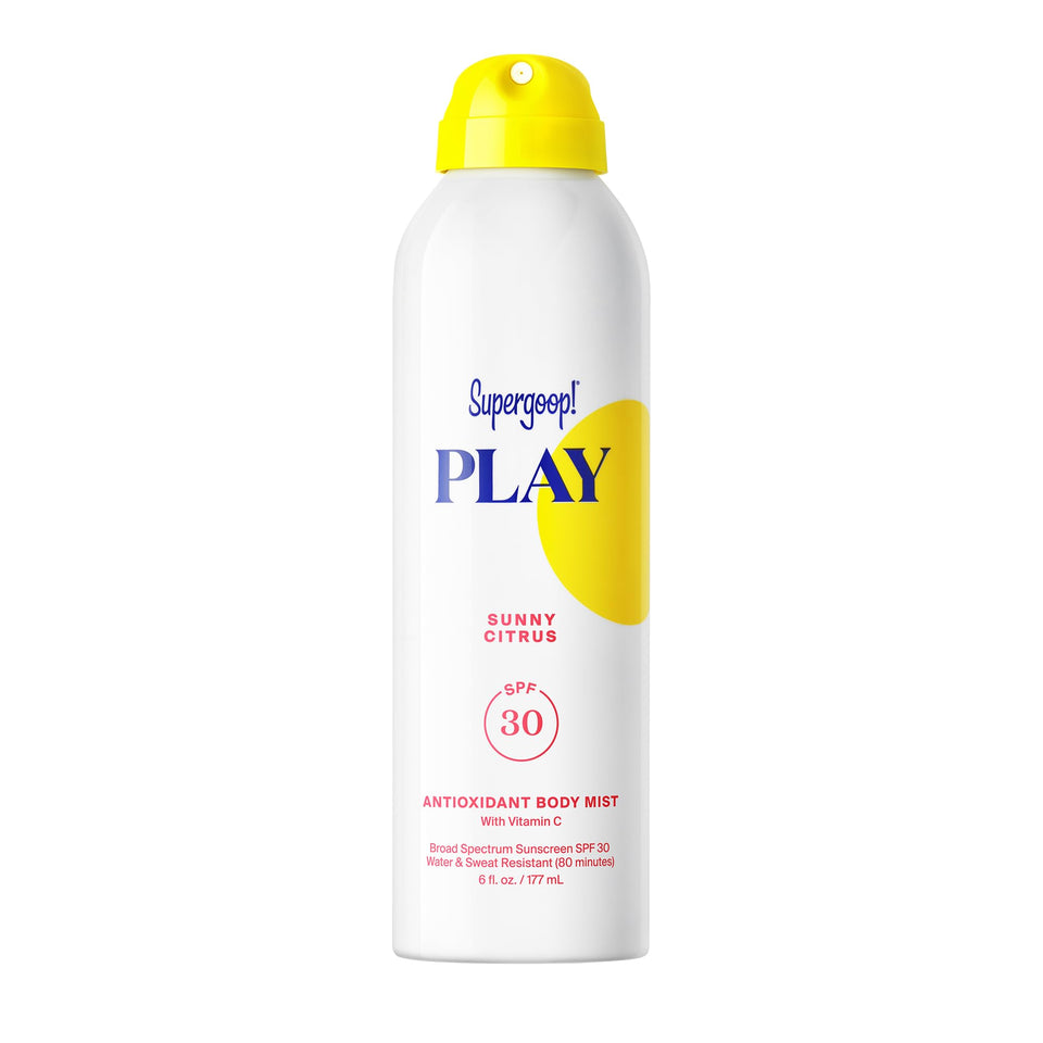 Supergoop! PLAY body mist bottle front view showing clear label and citrus scent benefit