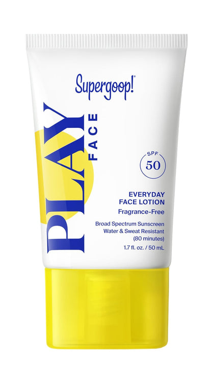 Supergoop! front packaging shows SPF 50 and lightweight benefit