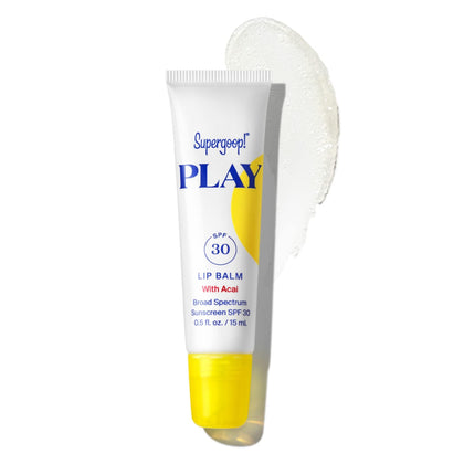 Supergoop! PLAY lip balm front tube showing brand and SPF, protects lips outdoors
