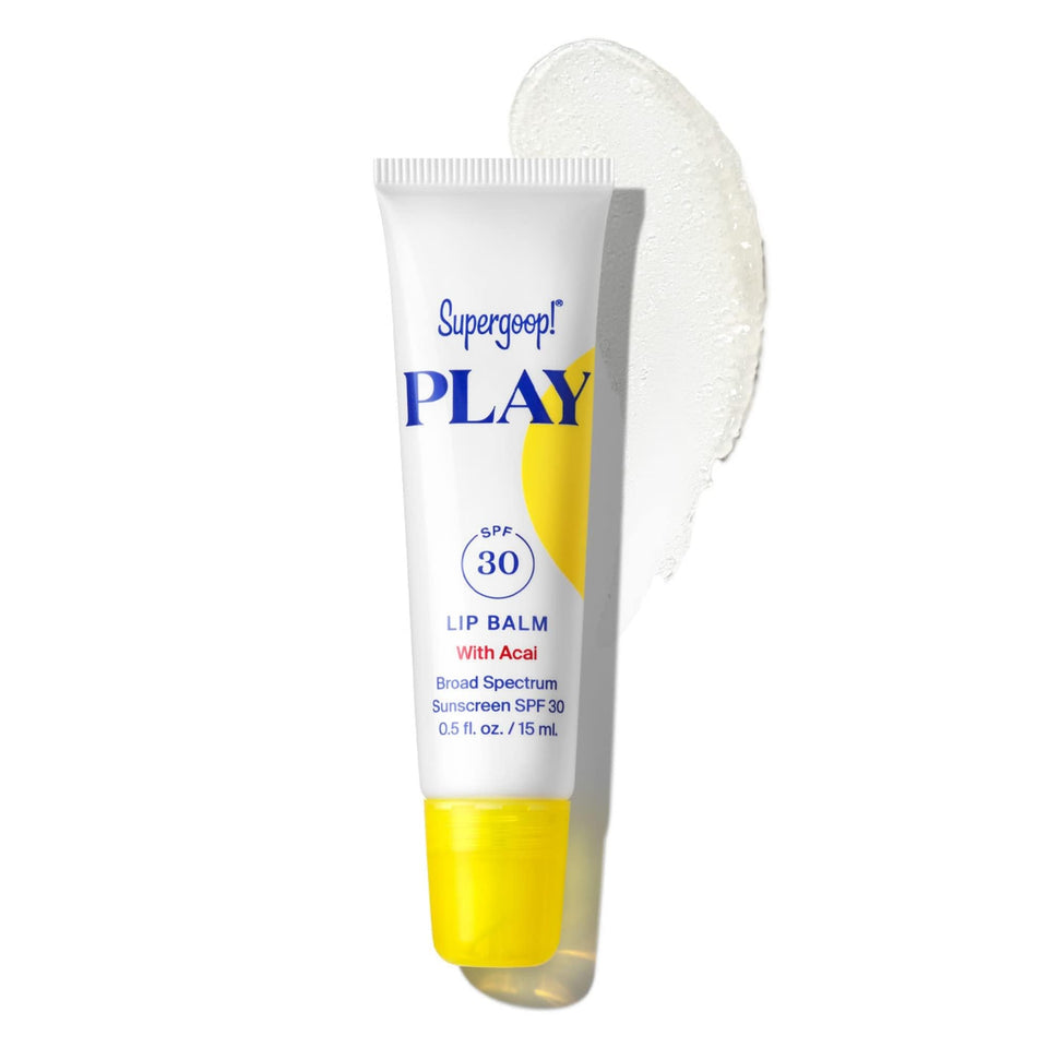Supergoop! PLAY lip balm front tube showing brand and SPF, protects lips outdoors
