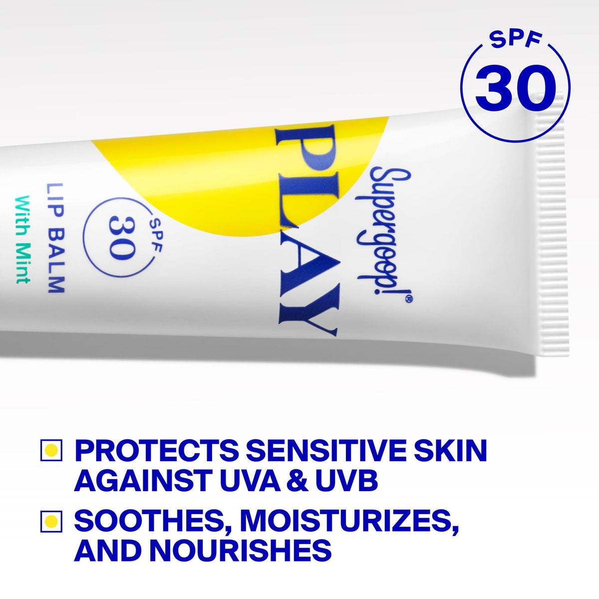 Supergoop! mint lip balm ingredients label showing shea butter, honey, sunflower oil