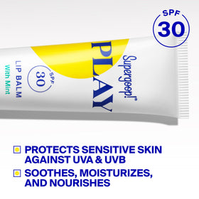 Supergoop! mint lip balm ingredients label showing shea butter, honey, sunflower oil