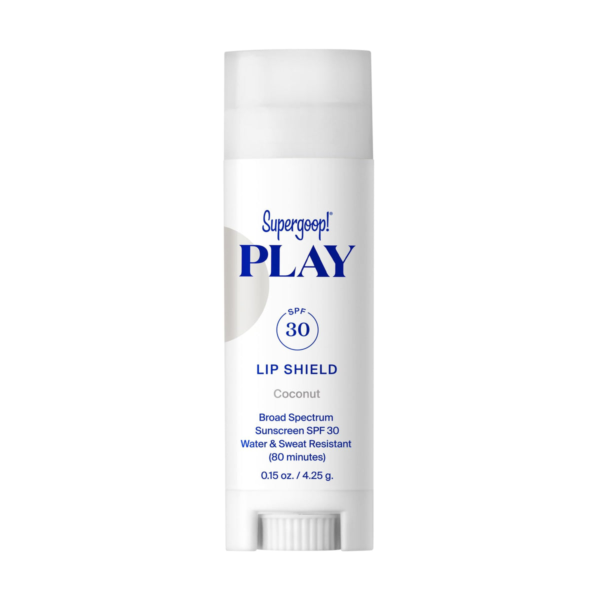 Supergoop! front packaging of PLAY Lip Shield SPF 30 coconut showing tube and label for easy sun protection