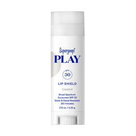 Supergoop! front packaging of PLAY Lip Shield SPF 30 coconut showing tube and label for easy sun protection