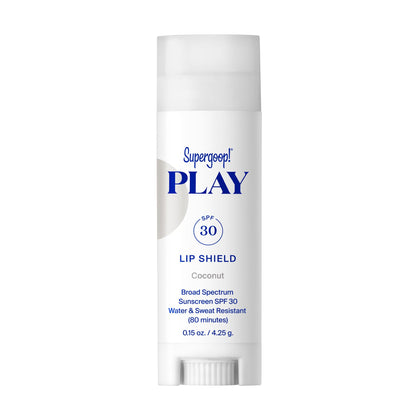 Supergoop! front packaging of PLAY Lip Shield SPF 30 coconut showing tube and label for easy sun protection