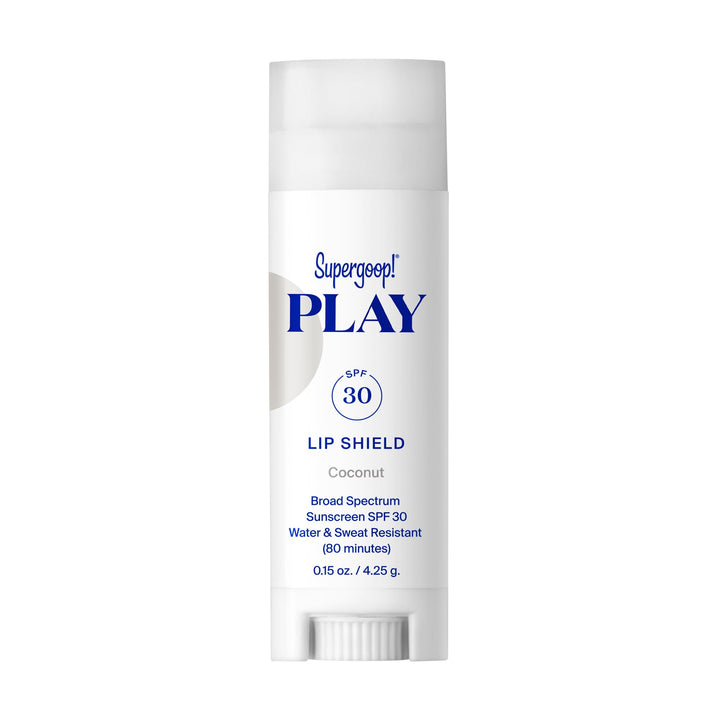 Supergoop! front packaging of PLAY Lip Shield SPF 30 coconut showing tube and label for easy sun protection
