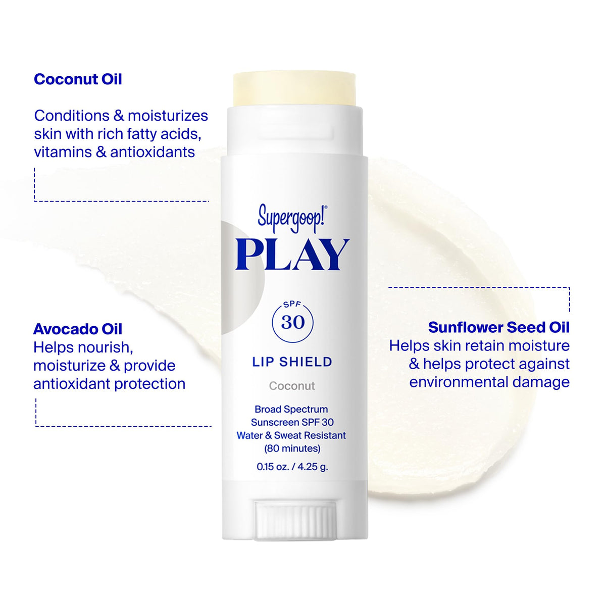 Supergoop! close-up of lip balm texture revealing creamy coconut-infused finish that hydrates lips