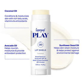 Supergoop! close-up of lip balm texture revealing creamy coconut-infused finish that hydrates lips